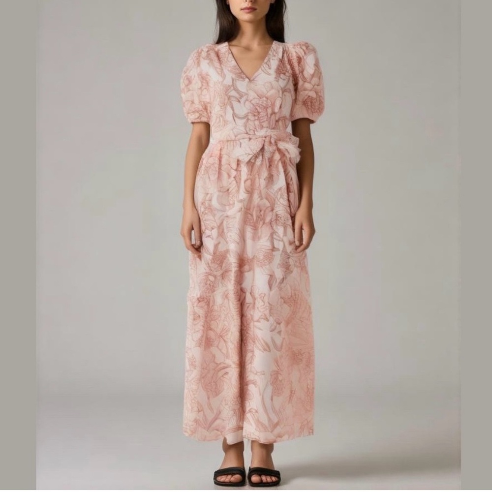 CeCe Puff Sleeve Maxi Dress With Waist Tie
